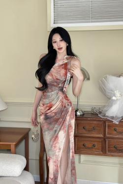 Two-Tone Plant-Dyed Off-Shoulder Dress - Elegant Long Gown for Evening Wear, Sexy Floral Print, Trendy Boho Style
