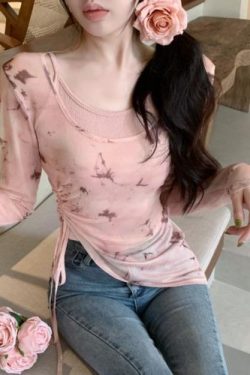 Unique Butterfly Print Mesh Long Sleeve Vest Top Two-Piece Set with Drawstring, Irregular Hem for Sun Protection - Women's Fashion