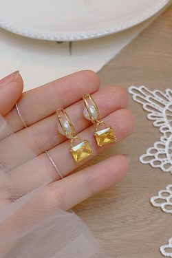Unique Yellow Sugar Cube Crystal Pearl Hoop Earrings for Women - Exquisite Long Earrings, 2025 Trendy Design