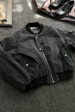 Unisex American High Street Washed Denim Bomber Jacket - Spring Autumn Short Canvas Jacket with Wide Fit
