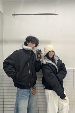 Unisex American Retro Clean Fit Cotton Jacket with Fur Collar, Thickened Winter Flight Coat, Trendy Mountain Eagle Design