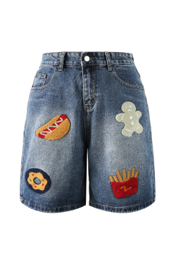 Unisex American Retro Embroidered Hamburger & Fries Denim Shorts - Loose Wide-Leg Straight Five-Point Summer Style