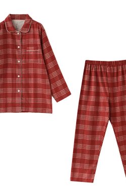 Unisex Brushed Cotton Plaid Pajamas with Windbreak Collar, Long Sleeve & Pants, No Side Seams, Perfect for Autumn & Winter Couple's Style