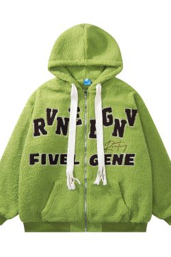 Unisex Green Lamb Wool Winter Hoodie Jacket - Vintage American College Style with Zipper