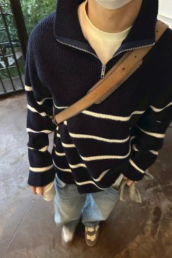 Unisex Half-Zip Stand Collar Striped Sweater - English College Style Casual Knit Top for Autumn and Winter