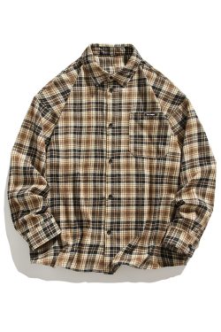 Unisex Japanese Retro Color-Blocked Plaid Long Sleeve Shirt Jacket - Loose BF Style for Spring & Autumn Fashion