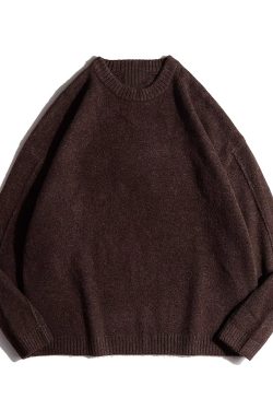 Unisex Japanese Retro Knitted Sweater - Solid Color, Loose Fit, Melange Round Neck for Autumn & Winter Fashion