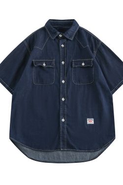 Unisex Japanese-Style Denim Short Sleeve Shirt Jacket, Loose-Fit Multi-Pocket Casual Top, Trendy Workwear Inspired by Y2K Fashion