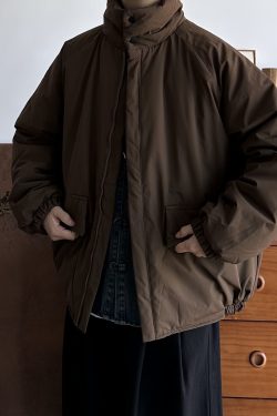 Unisex Japanese-Style Retro Cotton Jacket, Thickened Workwear Coat for Winter, Loose Stand Collar, Casual Vintage Fashion.