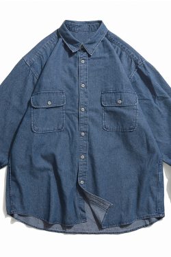 Unisex Japanese-Style Retro Double-Pocket Denim Shirt Jacket - Loose-Fitting Long Sleeve Casual for Spring and Autumn