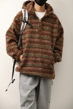 Unisex Japanese-Style Retro Gradient Woolen Hoodie - Loose Half-Zip Casual Jacket for Autumn Winter