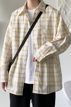 Unisex Loose-Fit Plaid Shirt Jacket - Hong Kong Style, Long Sleeve, Summer City Boy Vibe, Trendy High-End Fashion