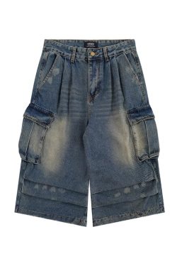 Unisex Multi-Pocket Pleated Denim Shorts - Loose Straight Leg, Washed & Distressed, Casual Summer Workwear, 7/8 Length