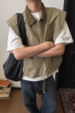 Unisex Oversized Denim Vest with Shoulder Pads - Vintage Workwear Style, Casual Sleeveless Top for 90s Inspired Fashion