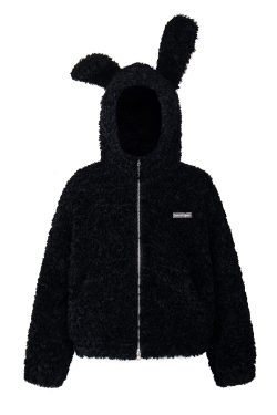 Unisex Rabbit Ear Plush Hooded Jacket - Thickened Cotton Padded Winter Top for Couples, American Style, Trendy and Cozy