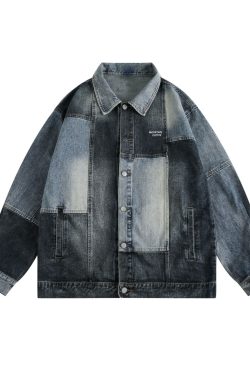 Unisex Retro Blue Patchwork Denim Jacket - Hip-Hop Loose Fit Workwear for Spring and Autumn, Vintage Japanese Style