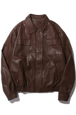 Unisex Retro Brown PU Leather Motorcycle Jacket with Lapel, Multi-Pocket Design, Japanese Style for Spring and Autumn Wear