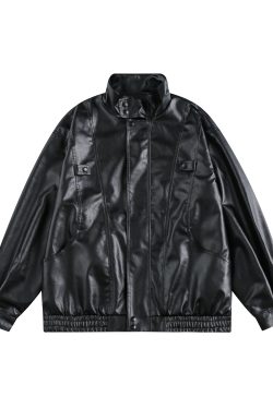 Unisex Retro Flight Leather Jacket, Loose Fit Stand Collar PU Motorcycle Jacket for Spring & Autumn, Trendy Couples Style