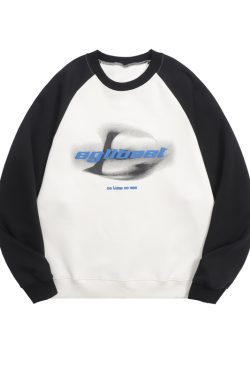 Unisex Retro Round Neck Color-Blocked Sweatshirt with Blurred Letter Design, Dropped Shoulders, Perfect for Spring and Autumn Fashion