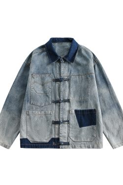 Unisex Retro Washed Denim Jacket with Button Placket and Patchwork - Casual Loose Fit for Spring and Autumn, Trendy Couple Style