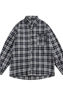 Unisex Vintage Black and White Checkered Long Sleeve Shirt Jacket - Loose Plaid for Spring & Autumn, Effortless Casual Style