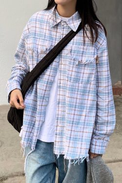 Unisex Vintage Brushed Edge Plaid Long Sleeve Shirt Jacket - Trendy Loose Fit for Spring & Autumn, Retro Couple Style