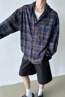 Unisex Vintage Loose Blue Plaid Hooded Shirt Jacket - Casual Long Sleeve for Spring & Autumn, Trendy Lazy Style