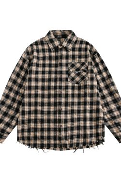 Unisex Vintage Plaid Long Sleeve Shirt Jacket - Distressed Embroidered College Style for Spring & Autumn Fashion