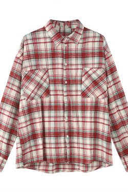 Unisex Vintage Plaid Shirt Jacket - Loose Fit, Long Sleeve Checkered Design, Versatile Lazy Style for Spring and Autumn Fashion