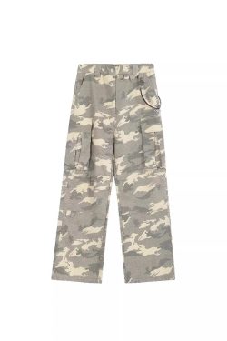 Unisex Vintage White Camouflage Work Pants - Trendy High Street Loose Wide-Leg Lumberjack Style