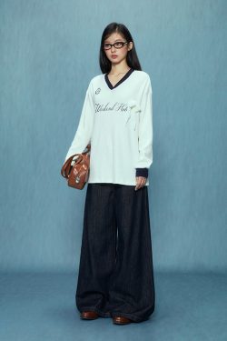 V-Neck Loose Long Sleeve T-Shirt for Women - Casual College Style Top, Spring 2025, Trendy Everyday Wear