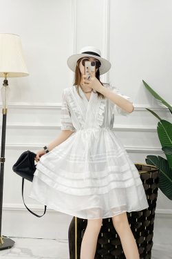 V-Neck Pleated Ruffle Lace Trim Tie Waist Solid Color Dress - European Summer Style for Women