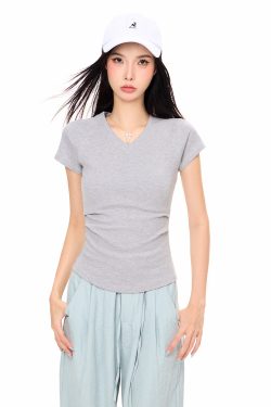 V-Neck Short Sleeve Cropped T-Shirt for Women, Sexy American Style Summer Top, Tight-Fitting Base Layer, Y2K Fashion 2025