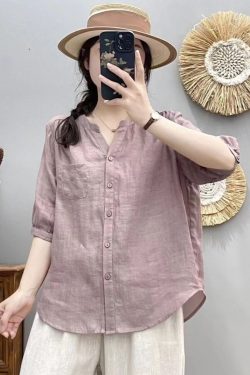 V-Neck Short Sleeve Shirt for Women, Loose Slimming Summer Top, Five-Point Sleeve, Trendy and Versatile Fashion 2025