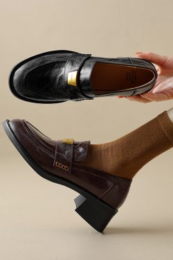 Versatile Chunky-Heeled Loafers for Women - Soft Lambskin Round-Toe Single Shoes with Metal Buckle - Fashionable Small Leather Footwear