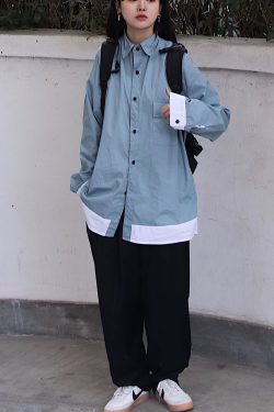 Versatile Color-Blocking Oversized Japanese-Style Work Shirt Jacket for Students - Trendy Loose Fit