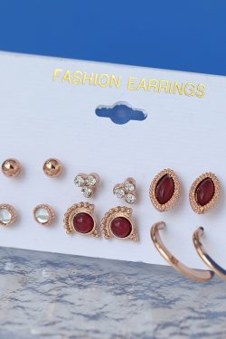 Versatile Red Gemstone Stud Earrings - 6 Pairs Sparkling Diamond Design, Women's Korean Style, Internet Celebrity Ear Accessories