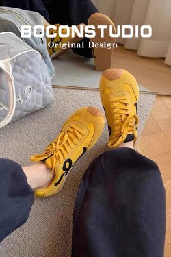 Versatile Retro Yellow Casual Sports Shoes for Women, 2025 Trendy De Xun Style Inspired by 90s A Gan Shoes Fashion
