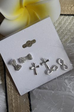 Versatile Shiny Gemstone Bowknot Stud Earrings Set - 3 Pairs of Cross & Hollow Infinity Ear Accessories for Women