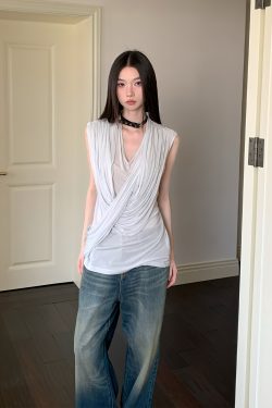 Victorian-Style Draped Ash Blue Leather Collar Top for Women - Trendy Y2K Fashion Wear