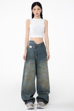 Vintage American High-Waisted Wide-Leg Jeans for Women - Irregular Casual Straight Drape Summer Pants