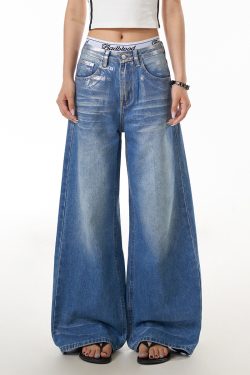 Vintage American Retro Graffiti Distressed Denim Pants for Women - Loose Wide-Leg Floor-Length Style