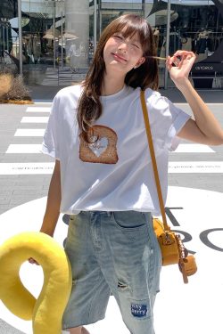 Vintage American Short-Sleeve T-Shirt for Women - Summer Toast Print Heavyweight Loose Fit Pure Cotton Tee