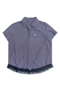 Vintage American-Style Doll Collar Short-Sleeve Shirt for Women, Slim Fit Checkered Summer Top with Patchwork Pleats