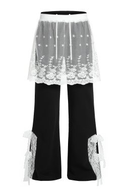Vintage American-Style Lace Spliced Faux Two-Piece Casual Pants for Women - Loose Slim Straight Wide-Leg Long Trousers