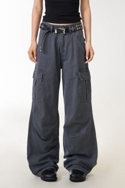 Vintage American-Style Women's Work Pants with Large Pockets, Loose Straight-Leg Trousers, Draping Effect, Versatile Fashion Statement