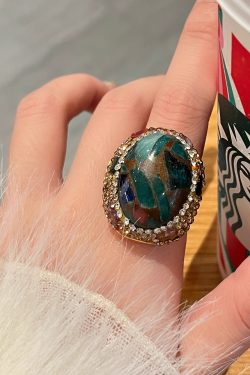 Vintage Artistic Oil Painting Ring for Women - High-End Turquoise and Red French Style Index Finger Jewelry, Unique Personality Piece