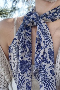 Vintage Blue and White Porcelain Print Long Silk Scarf - Light Luxury High-End Fashion Accessory for Women