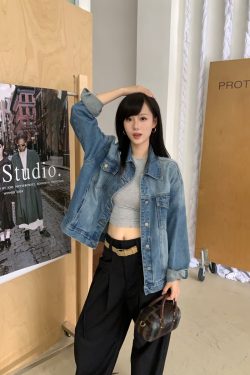 Vintage Blue Denim Jacket for Women - Washed Distressed Loose Fit Commuter Style, Autumn Fashion, Korean Style