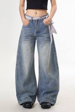 Vintage Blue Denim Pants for Women, Washed Creased Straight Leg, Curved Knife Design, Loose Fit Casual Trousers, Trendy Y2K Fashion